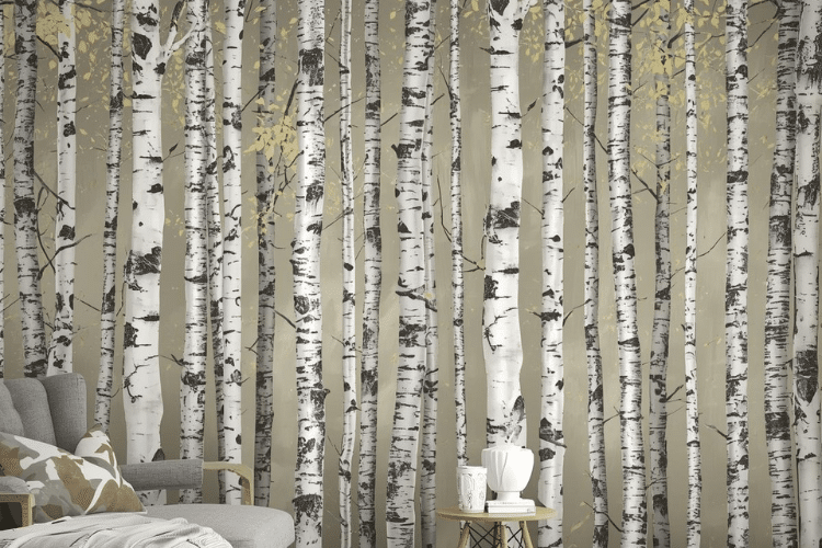 Birch tree wallpapered living room wall