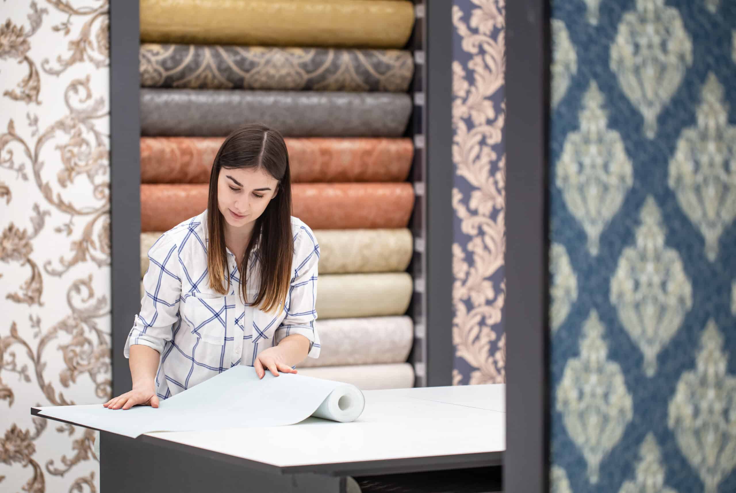 Woman browsing wallpaper options in retail store