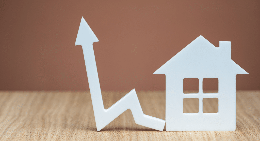 plastic house stood on sisal carpet with increasing arrow