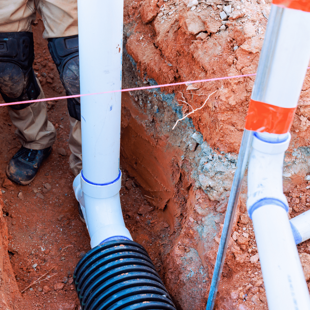 Man standing next to underground drain pipes installation, showing height line string