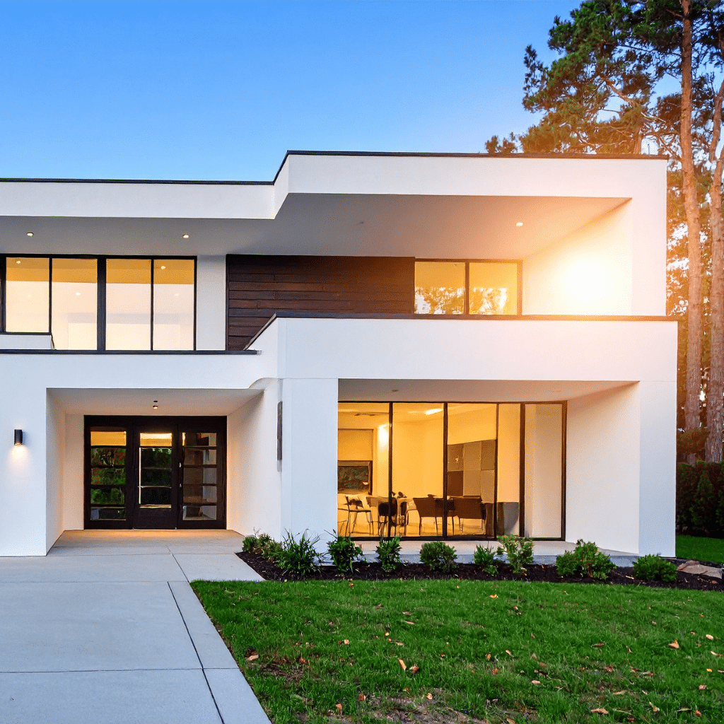 Contemporary white house with modern full height black framed windows