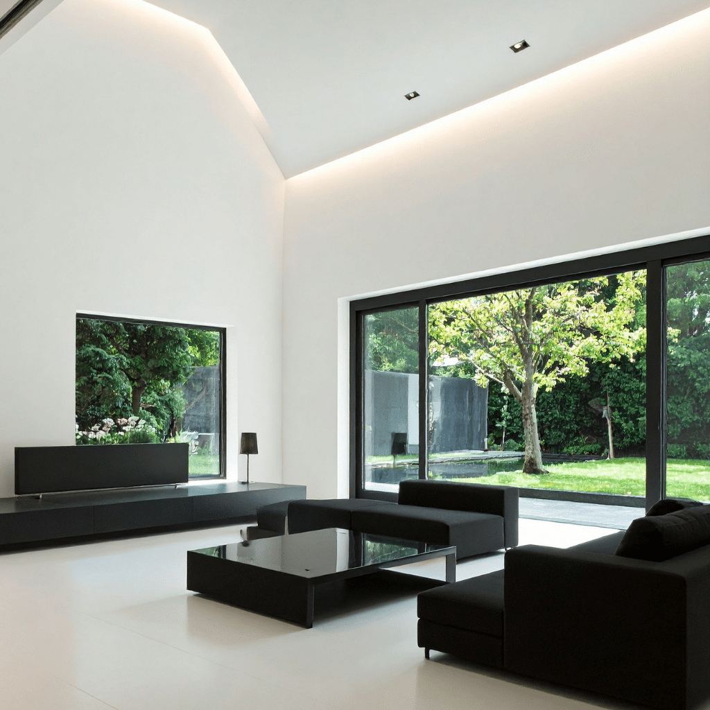 High white ceiling lit up with modern black windows